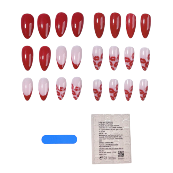 24 Piece Almond-Shaped Glossy Lip Print Press-On Nails - Red
