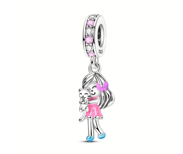 925 Sterling Silver Slider Charm - A Girl and her Cat