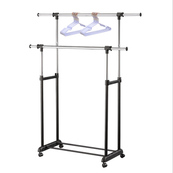 Double Pole Telescopic Clothes Rail with 10 Rubber Hangers