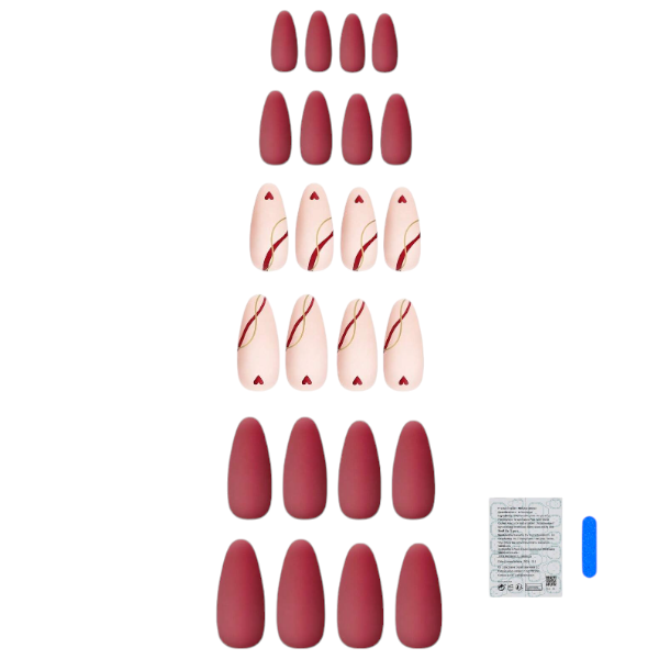 24Pcs Matte &amp; Artistic Press-On Nail Set With Heart Accents - Maroon