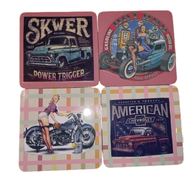 Retro Pin-Up Car &amp; Motorcycle Square Coaster Set - Set of 4 Vintage Designs