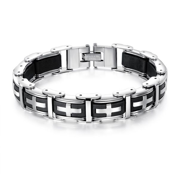 IPSTYLE Stainless Steel Cross Symbol Charm Bracelet Men Black Rubber
