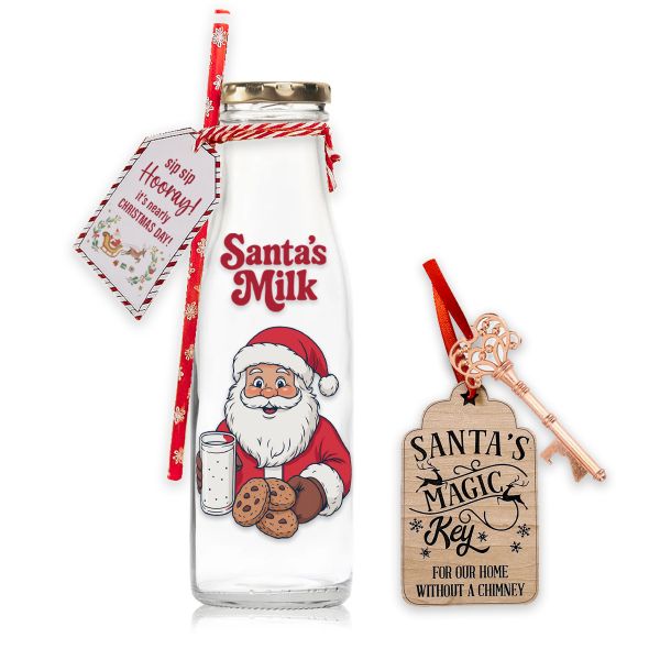 Santa's Milk UV. Print Glass Bottle &amp; Santa's Magic Key Christmas Gift Set