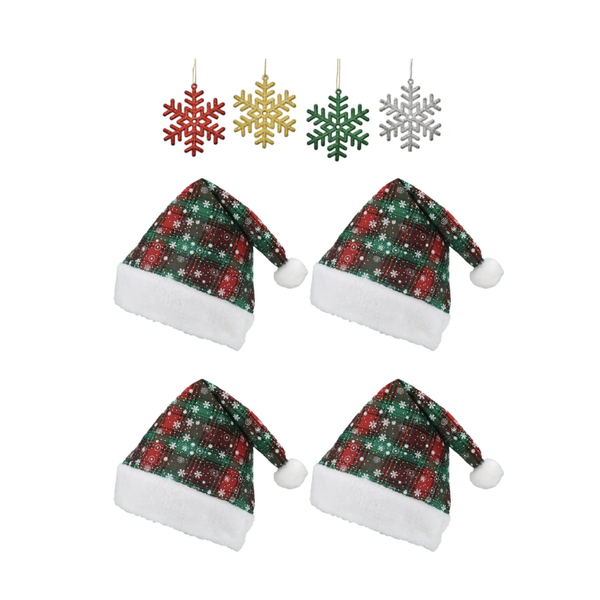 4 Pack Premium Christmas Hats with 4 Snowflake Decorations