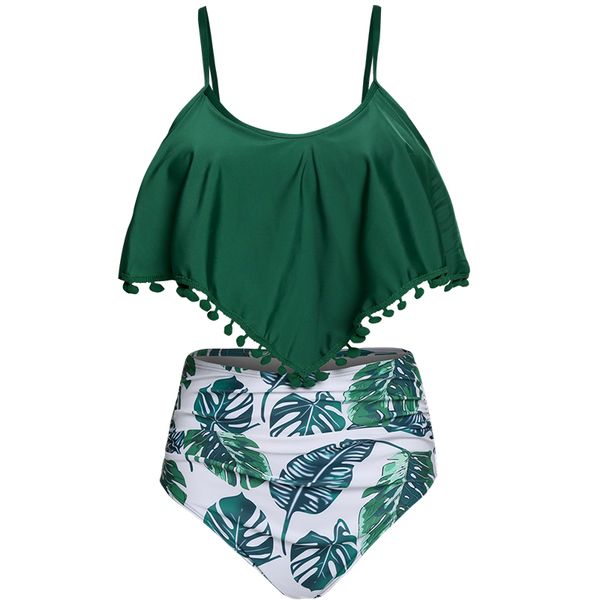 Olive Tree - Ladies Ruffled Pom Pom High Waist Swimsuit - Green