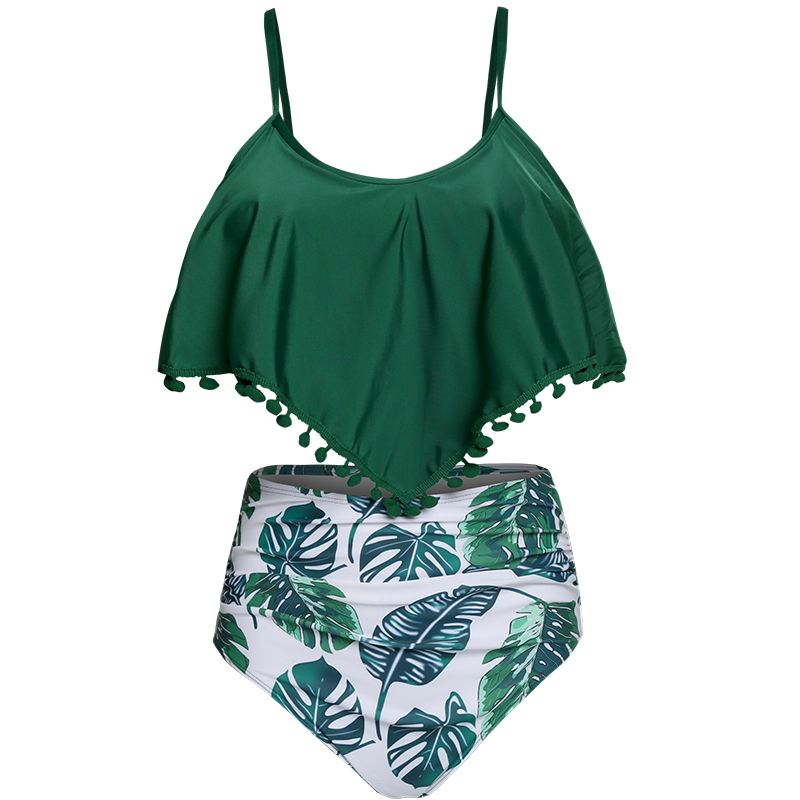 Olive Tree - Ladies Ruffled Pom Pom High Waist Swimsuit - Green | Shop ...
