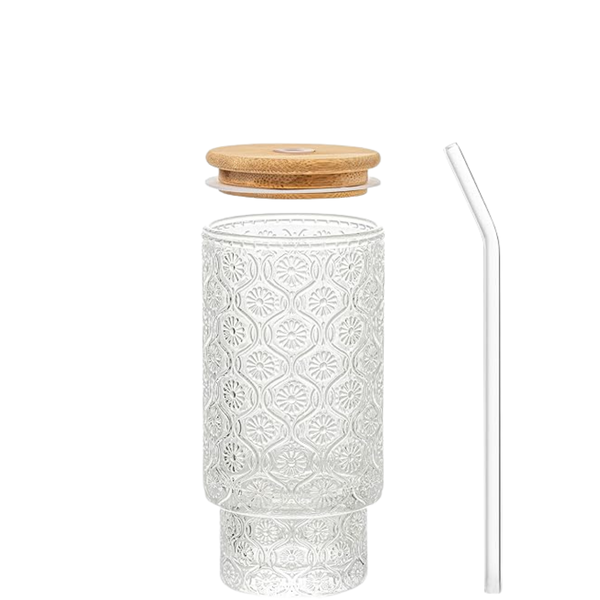 Clear Embossed Drinking Glass Cup With Bamboo Lids And Straw - 4-Pack