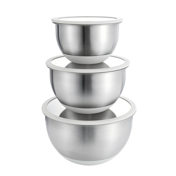 Brushed Stainless Steel Bowls Non Slip Base Glass &amp; Silicone Lid 3 Pack