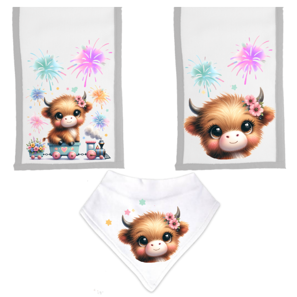 Baby-3 Piece Burp Cloth and Bandana Bib Gift Set-Highland Cow Girl