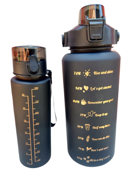 Set Of 2 Motivational Water Bottles With Quotes 2LT + 900ml Black And Gold