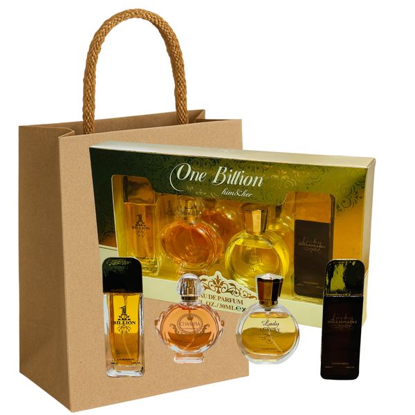 One Billion Him &amp; Her - 4 Perfumes Couple Set &amp; Premium Gift Bag COMBO