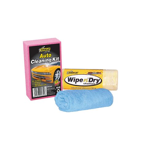 Shield Auto Cleaning Kit - Car Wash Sponge, Chamois & Microfibre Cloth Set