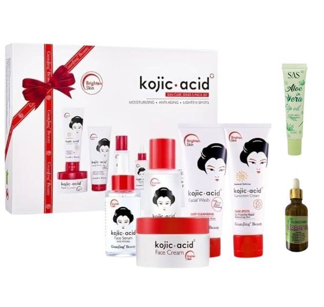 Kojic Acid Skin Care Set of 5 with Lip Oil &amp; Carrot Oil