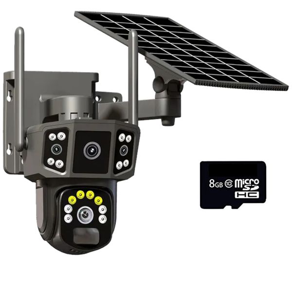 Solar 4MP 4K 3 Angle Wireless Network Operated Security Camera &amp; 8GB Card