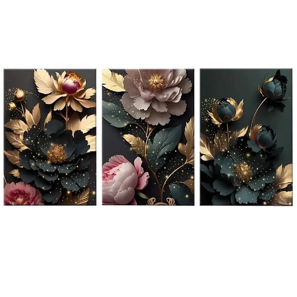 Canvas-Art-3 Pieces Black Golden Pink Flower Decorative Wall Art