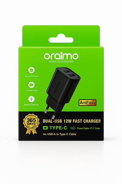 Phone Charger USB-C 12Watt With USB-A To USB-C 1M Cable-Oraimo-OCW-1121EC