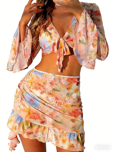 Printed Beach Dress Bikini Four-Piece Swimsuit Set