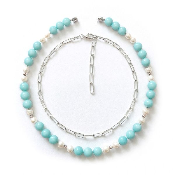 Morrisons Springtide Amazonite Pearl Necklace &amp; Silver Paperclip Chain Set