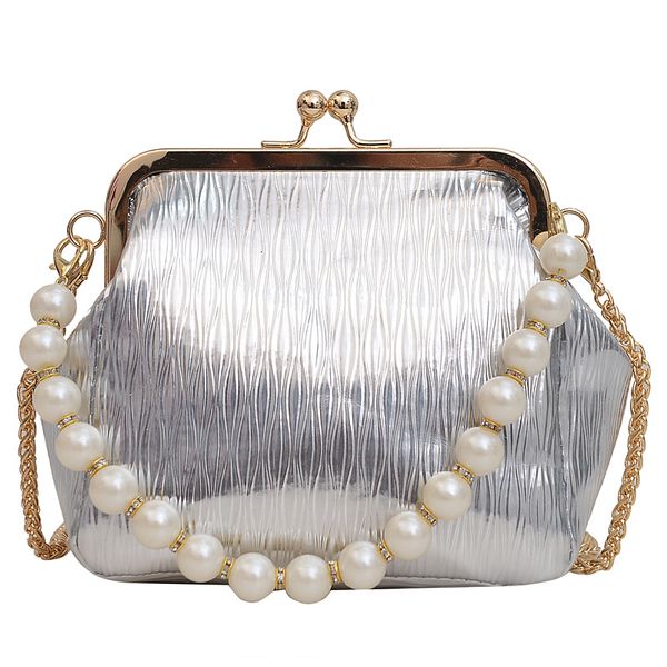 Elegant Shell-Shaped Clutch with Metal Chain-Silver