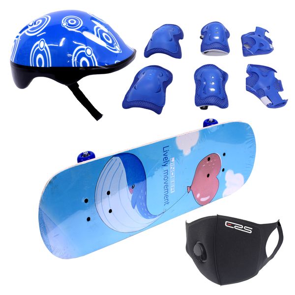 Skateboard 70cm with Protective Gear kit - Helmet and Mask - Blue Whale