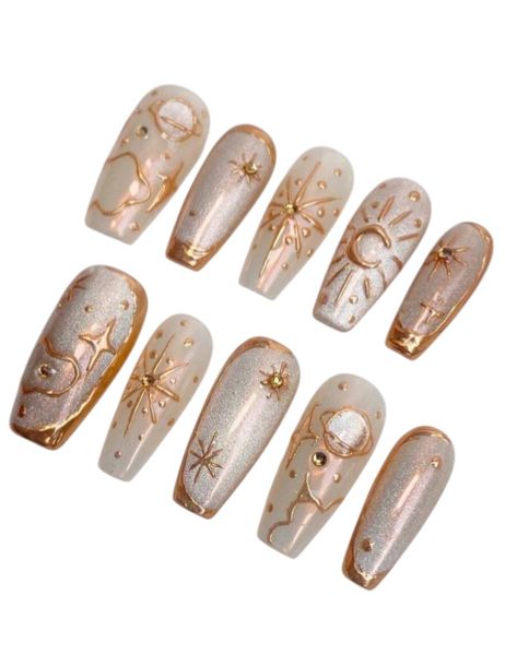 10 Piece Coffin Shaped Celestial Press On Nails- Gold