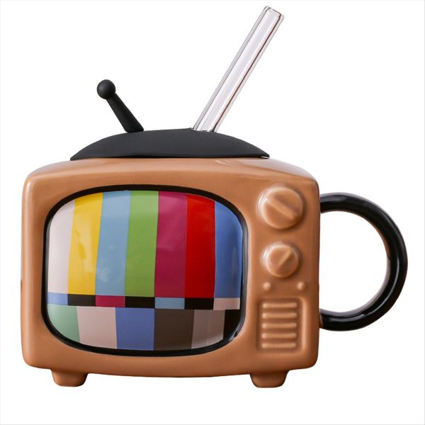 Ceramic Square Coffee Cup Set with Straw and Lid Office Tea Cup Retro TV -