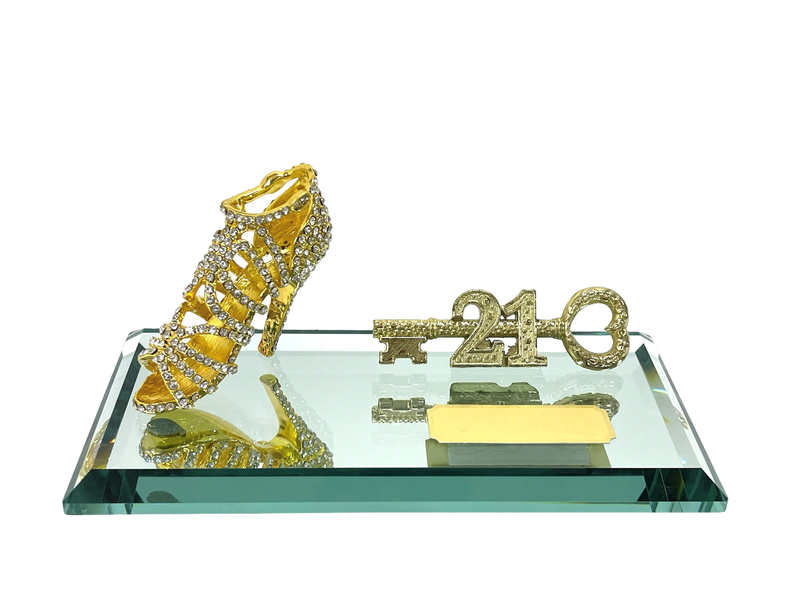 21st Key Gold High Heeled Shoe on Glass Mirror Base