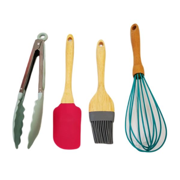 Silicone Spatula, Brush, Whisk and Tongs - 4 Piece Set - Assorted Colours