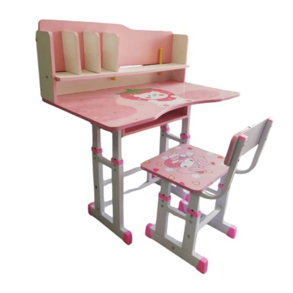 Children's Height Adjustable Desk and Chair Set with Shelf - Pink