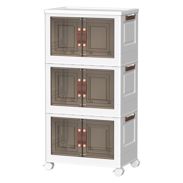 3-Tier Foldable Closet Storage Box with Doors Wheels Collapsible Bins