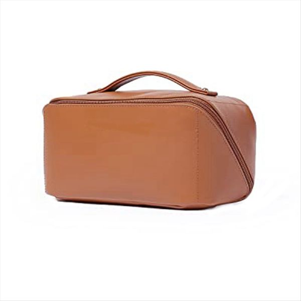 Makeup Bag Waterproof Portable Pouch Open Flat Toiletry Bag(Brown)