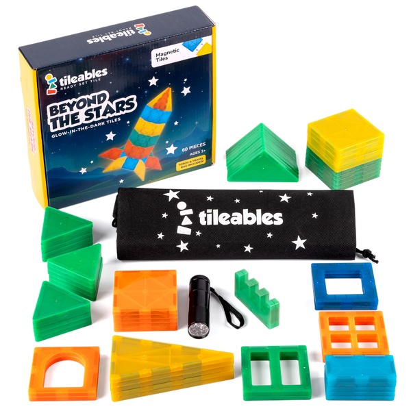 Tileables - Glow-in-the-Dark Magnetic Tiles (60 Pieces, Torch &amp; Travel Bag)
