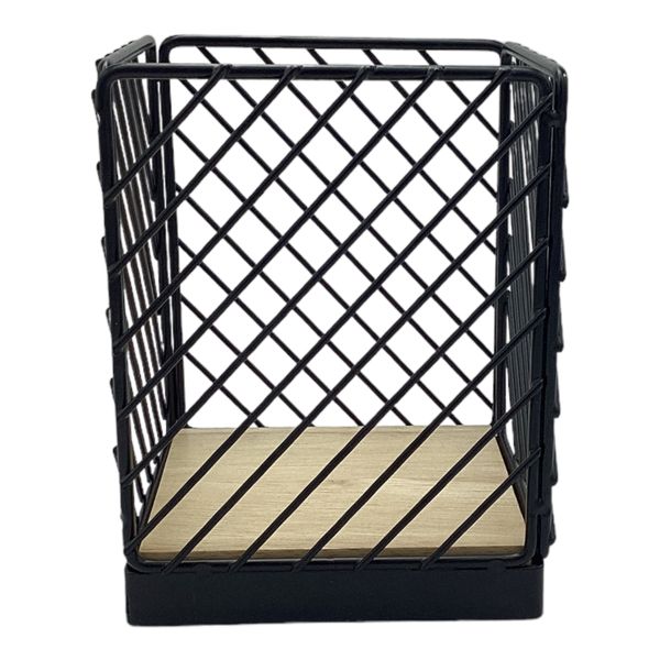Cutlery Holder Black With Wooden Inlay - 11 x 11 x 14cm