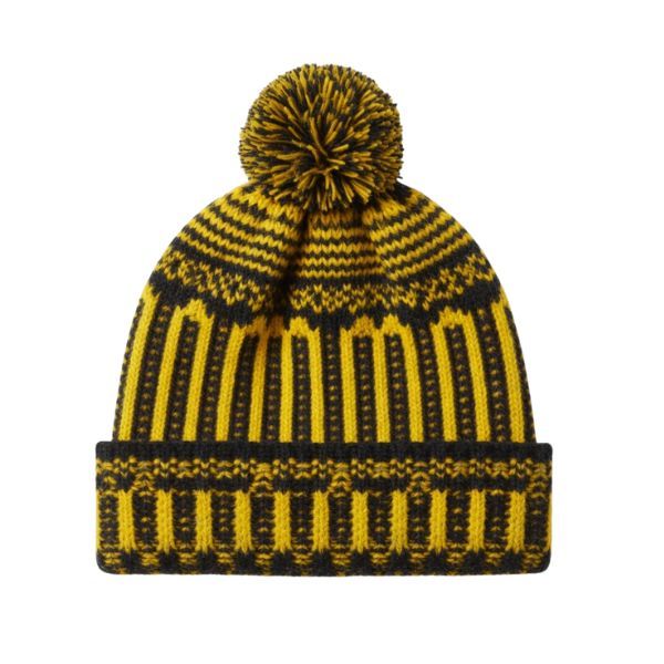 Black &amp; Yellow Striped Patterned Knitted Beanie with Pom Pom - Winter Hat