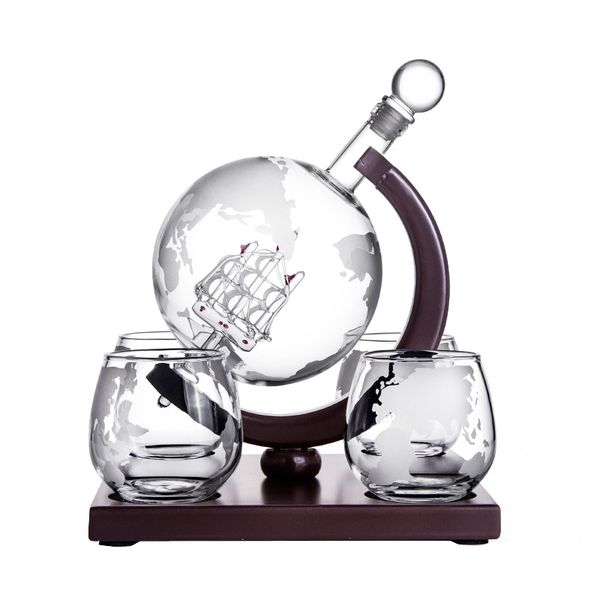Wooden Base 1000ml Crystal Globe Whiskey Decanter with 4 Shot Glass Set