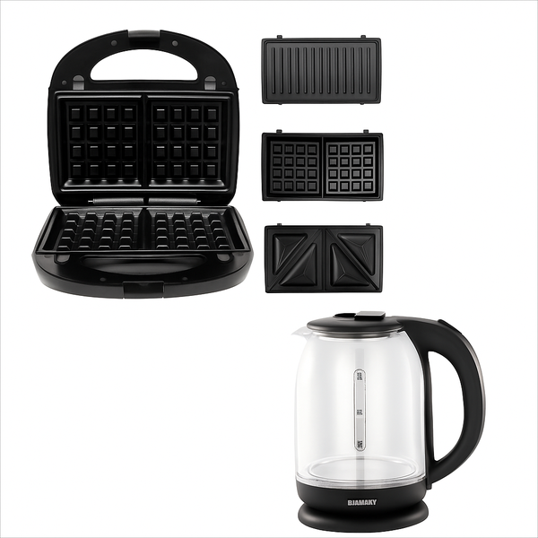 1.8L Glass Electric Kettle +3-in-1 Sandwich Maker Combo-Quick Breakfast Set