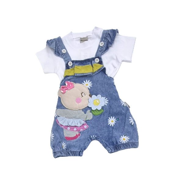 Baby Girls 100% Cotton Teddybear and Daisies Dungaree &amp; T-Shirt 2 Piece Set
