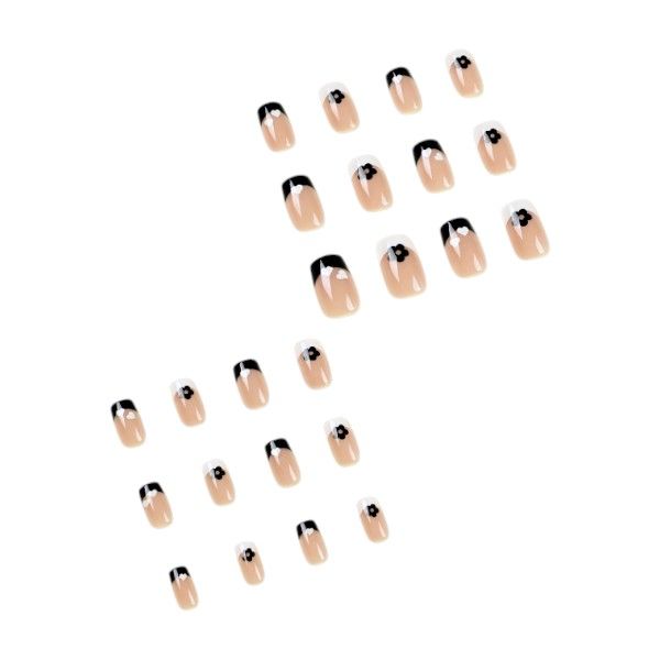 24-Piece - French Squoval Press-On Nails With Flower &amp; Hearts - Black/White