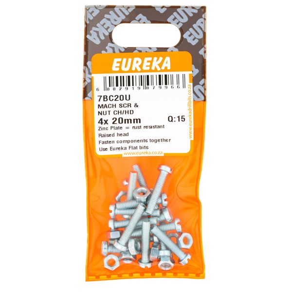 EUREKA Machine Screw &amp; Nut Cheesehead Solid Brass 4 x 20mm Q:15 7BC20U