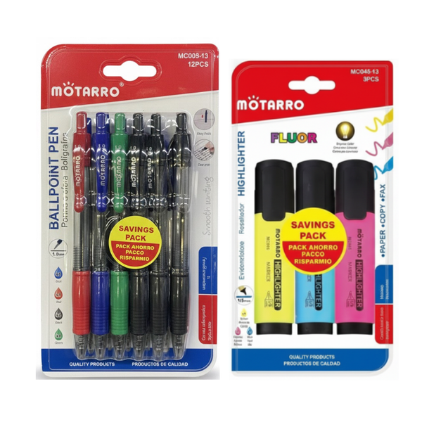 Motarro Stationery Set - 3 Highlighters &amp; 12 Ballpoint Pens