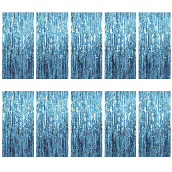 Blue Fringe Backdrop Curtain - Tinsel Streamers Ocean Themed Decor - 10 Piece Set