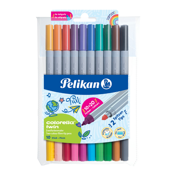 Pelikan Colorella Twin Fibre Tip Pens,10 Pens 20 Colours, Fine &amp; Thick Tip