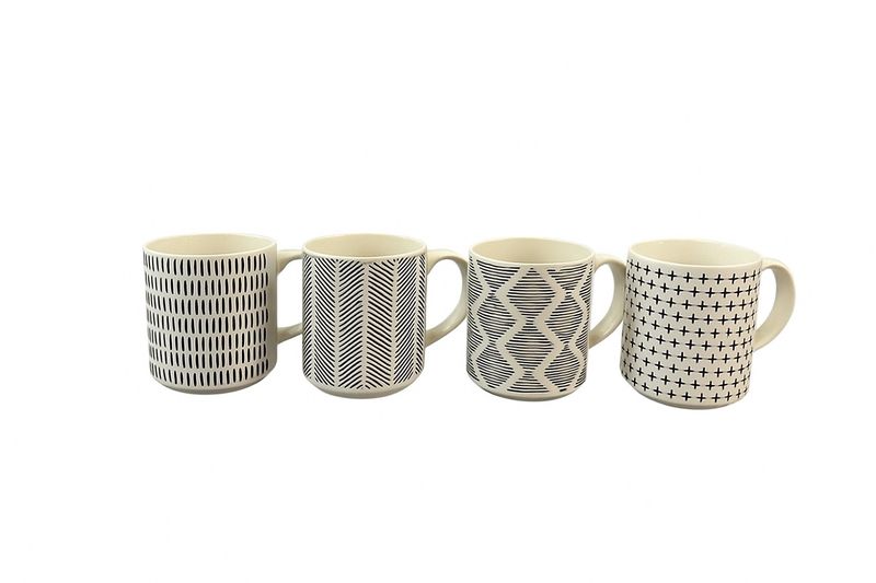 4-piece Set ceramic tea mug set with colorful tribal designs.