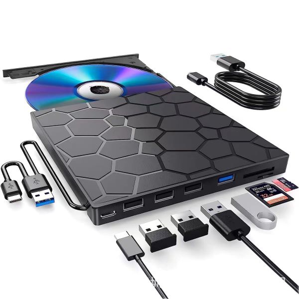 8-in-1 Ultra Slim External CD DVD Drive, USB 3.0 &amp; Type-C Portable DVD RW