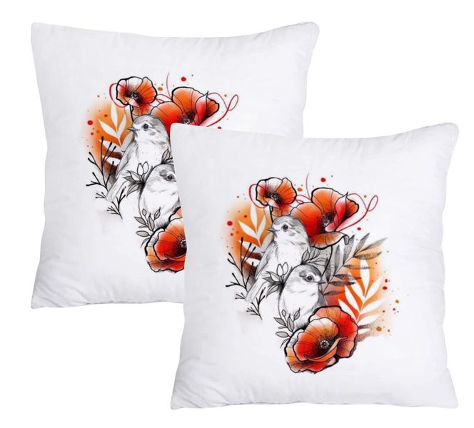 Scatter Cushion Cover Set - Finches with red Flowers