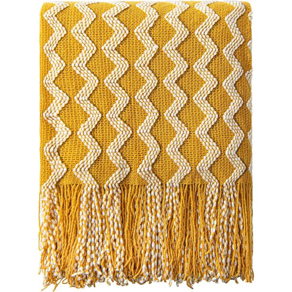 Mustard Yellow Knit Throw Blanket with Tassels - 127x172cm for Sofa/Bed