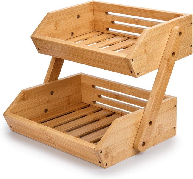 2-Tier Bamboo Fruit Basket Bowl Holder Storage Stand for Kitchen Countertop