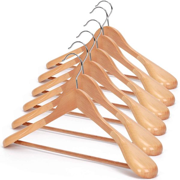 Quality Wooden Suit Hangers, 6 Pack Extra-Wide Shoulder wood Coat Hangers
