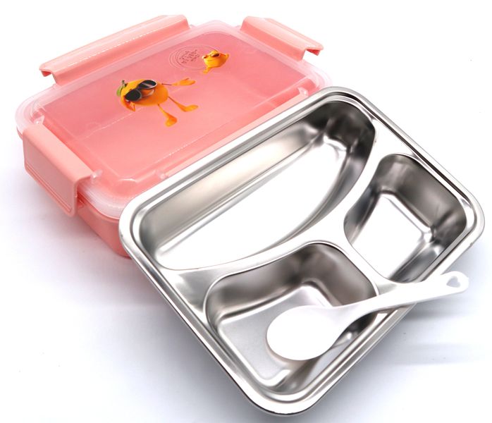 School Lunchbox with 3 Compartment Aluminum Inner With Spoon