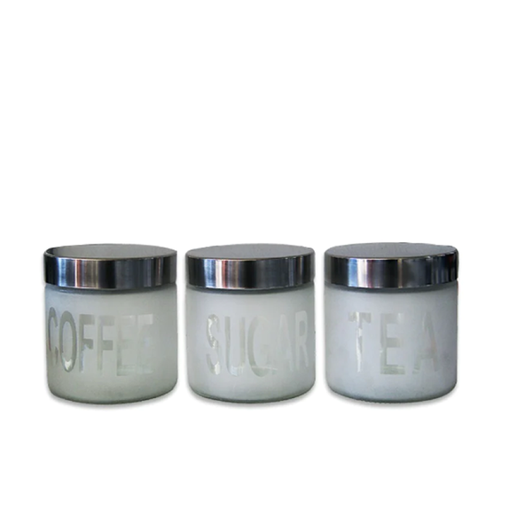 3-Piece Frosted Glass Canister Set - Sugar - Coffee and Tea